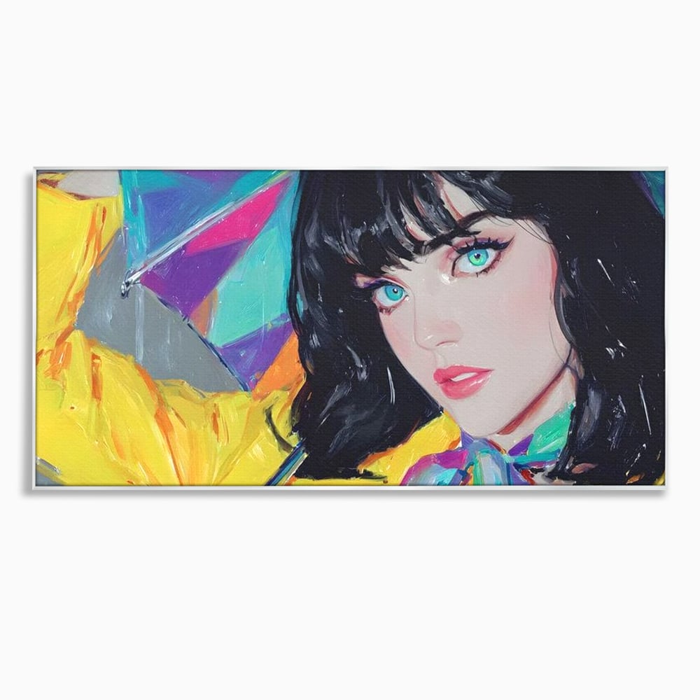 Tablou canvas cu pictura cu femeie bruneta si umbrela colorata, in rama de aluminiu argintiu